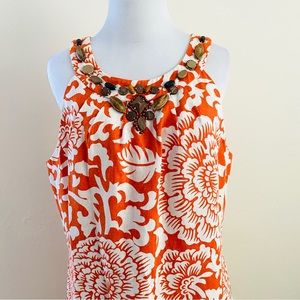 Jessica Howard Beaded Floral Orange Linen Blend Dress Grecian Halter Sz 14